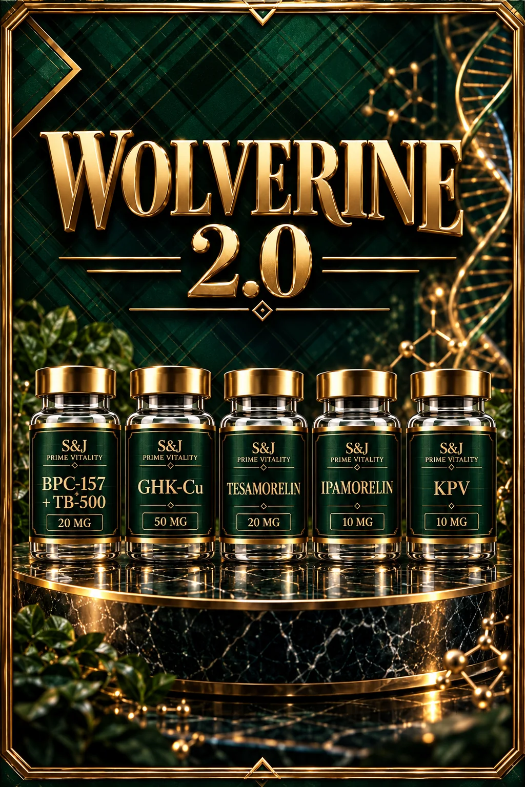 Wolverine 2.0: BPC-157 + TB-500 20 mg, GHK-Cu 50 mg, Tesamorelin 20 mg, Ipamorelin 10 mg and KPV 10 mg research vials