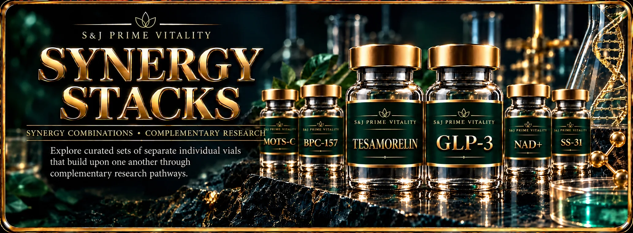 S&J Prime Vitality Synergy Stacks: synergy combinations and complementary research, with MOTS-C, BPC-157, Tesamorelin, GLP-3, NAD+ and SS-31 vials